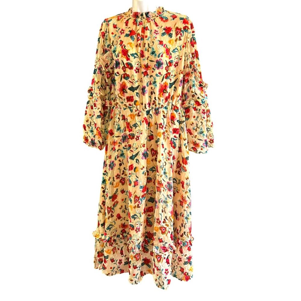 Bohemian Festival Multicolor Burnout Velvet Floral Midi Dress Ruffle Mock Neck